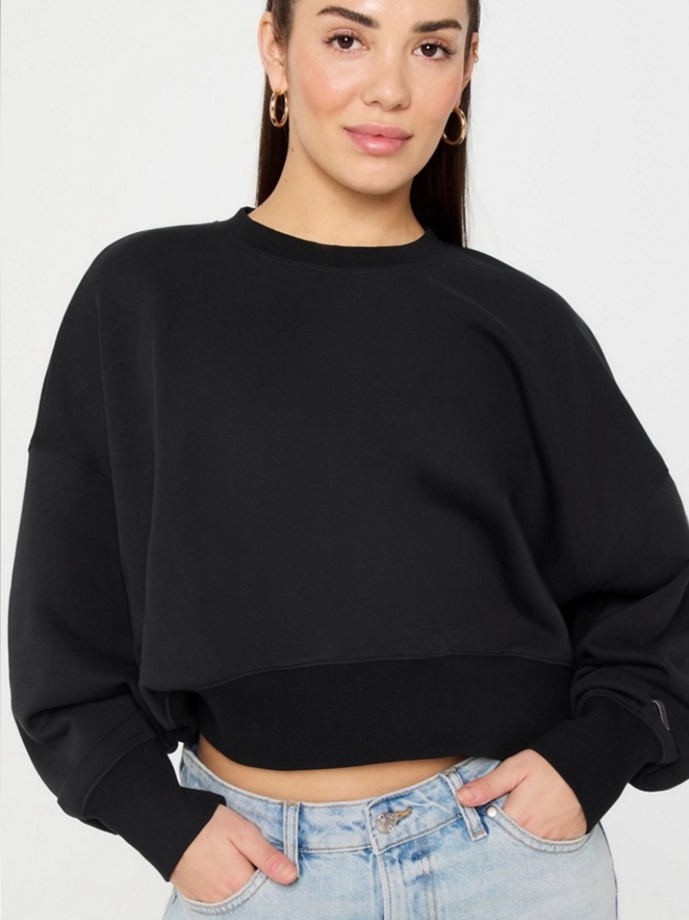 Fabletics Black Cropped Crewneck Sweatshirt